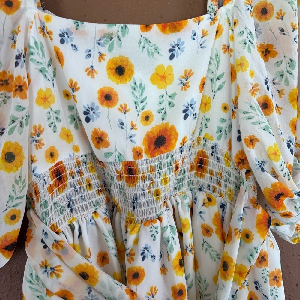 ASOS DESIGN Floral Puff Sleeve Mini Dress Yellow Orange Smocked Waist Size US 6 - Picture 6 of 7